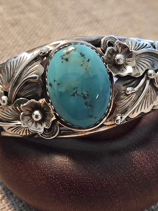 Jewelry - Turquoise Floral Sterling Cuff Bracelet - Blue Turquoise